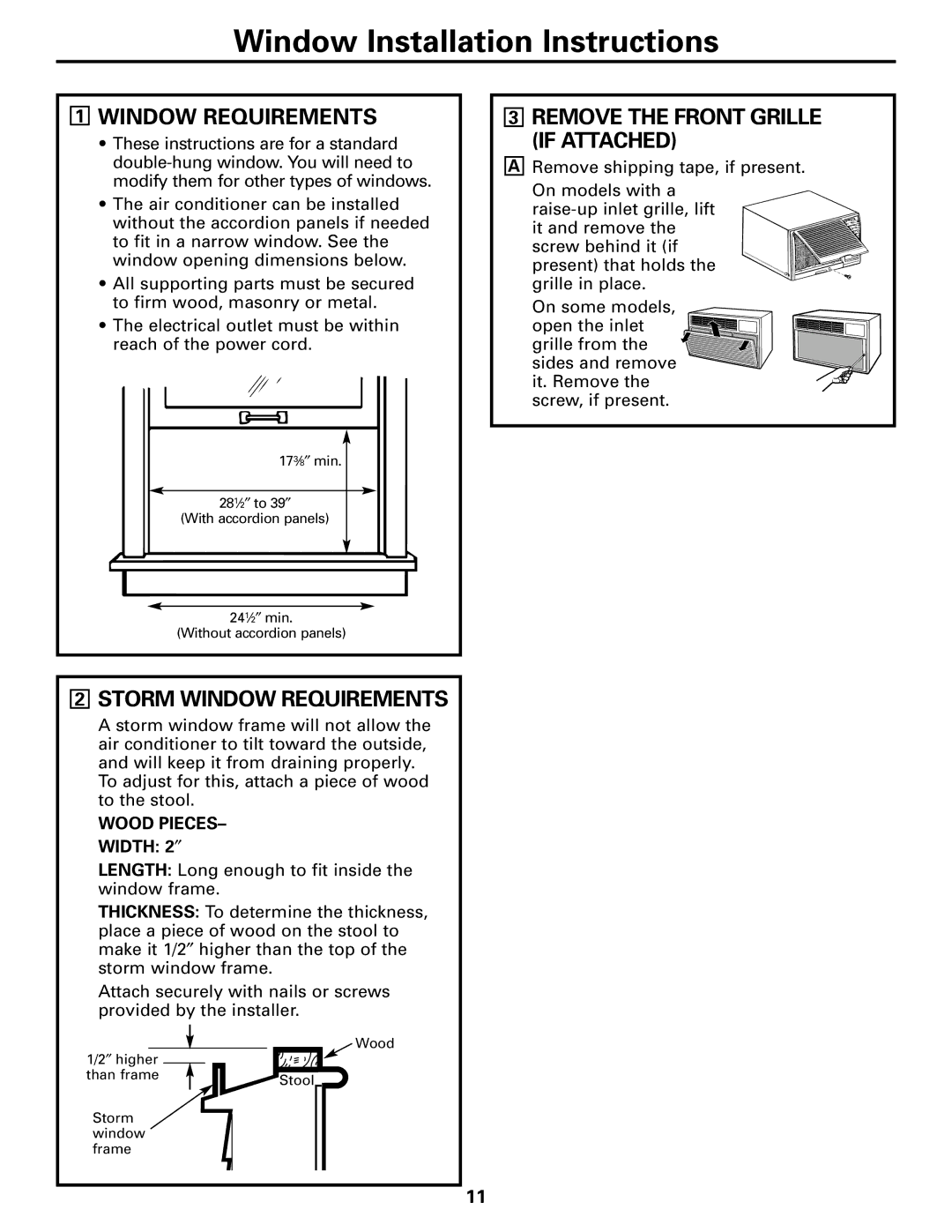 GE ASN24, ASW24, ASW18, ASV24, ASM24, ASF24, ASL24, ASQ24 Storm Window Requirements, Remove the Front Grille if Attached 