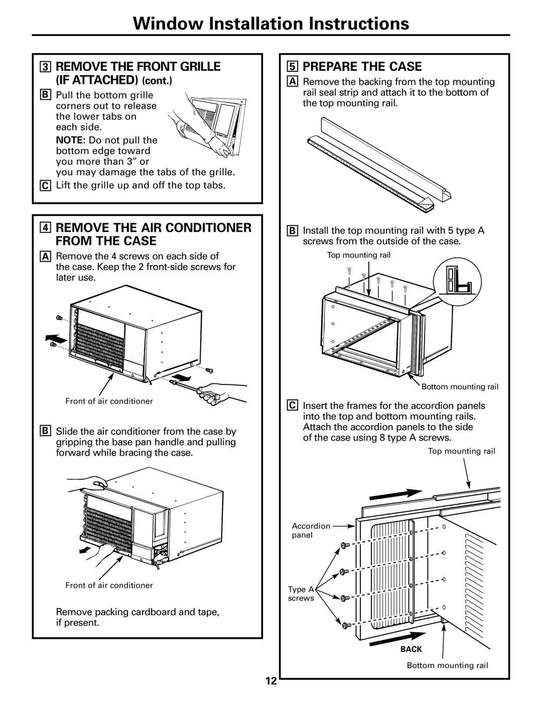 GE ASM24, ASW24, ASW18, ASV24, ASN24, ASF24, ASL24, ASQ24 Remove the AIR Conditioner from the Case, Prepare the Case 