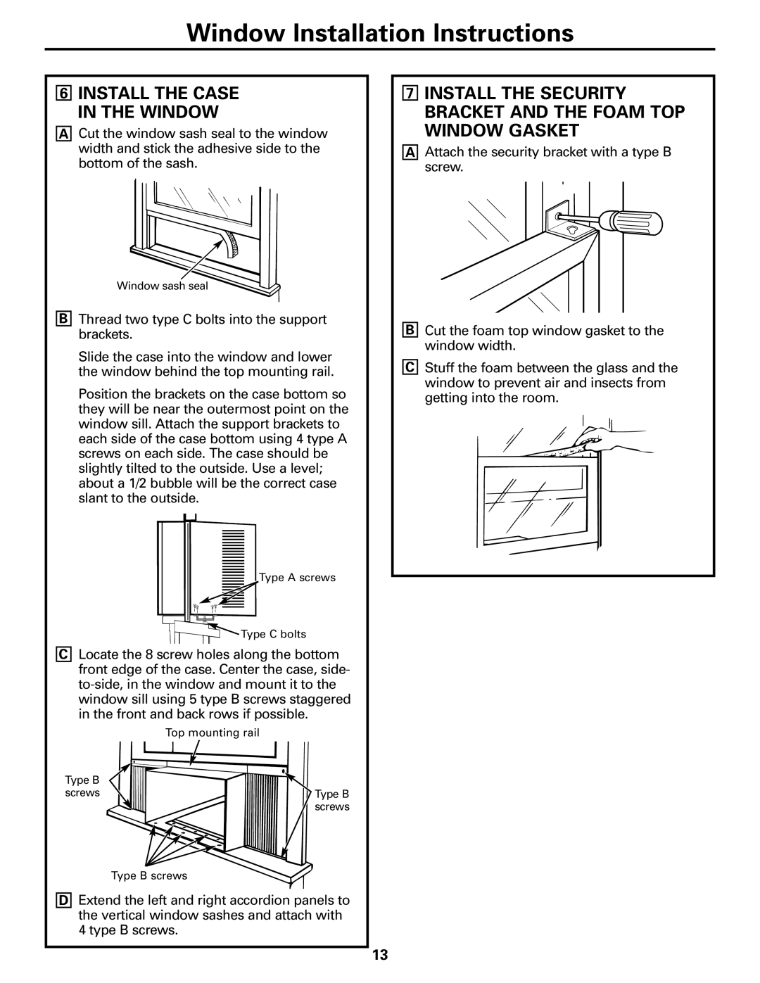 GE ASF24, ASW24, ASW18, ASV24 Install the Security Bracket and the Foam TOP Window Gasket, Install the Case in the Window 