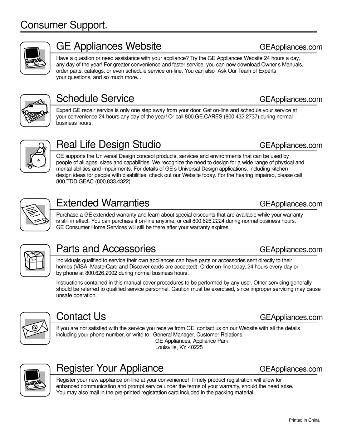 GE ASM24, ASW24 Consumer Support GE Appliances Website, Schedule Service, Real Life Design Studio, Extended Warranties 