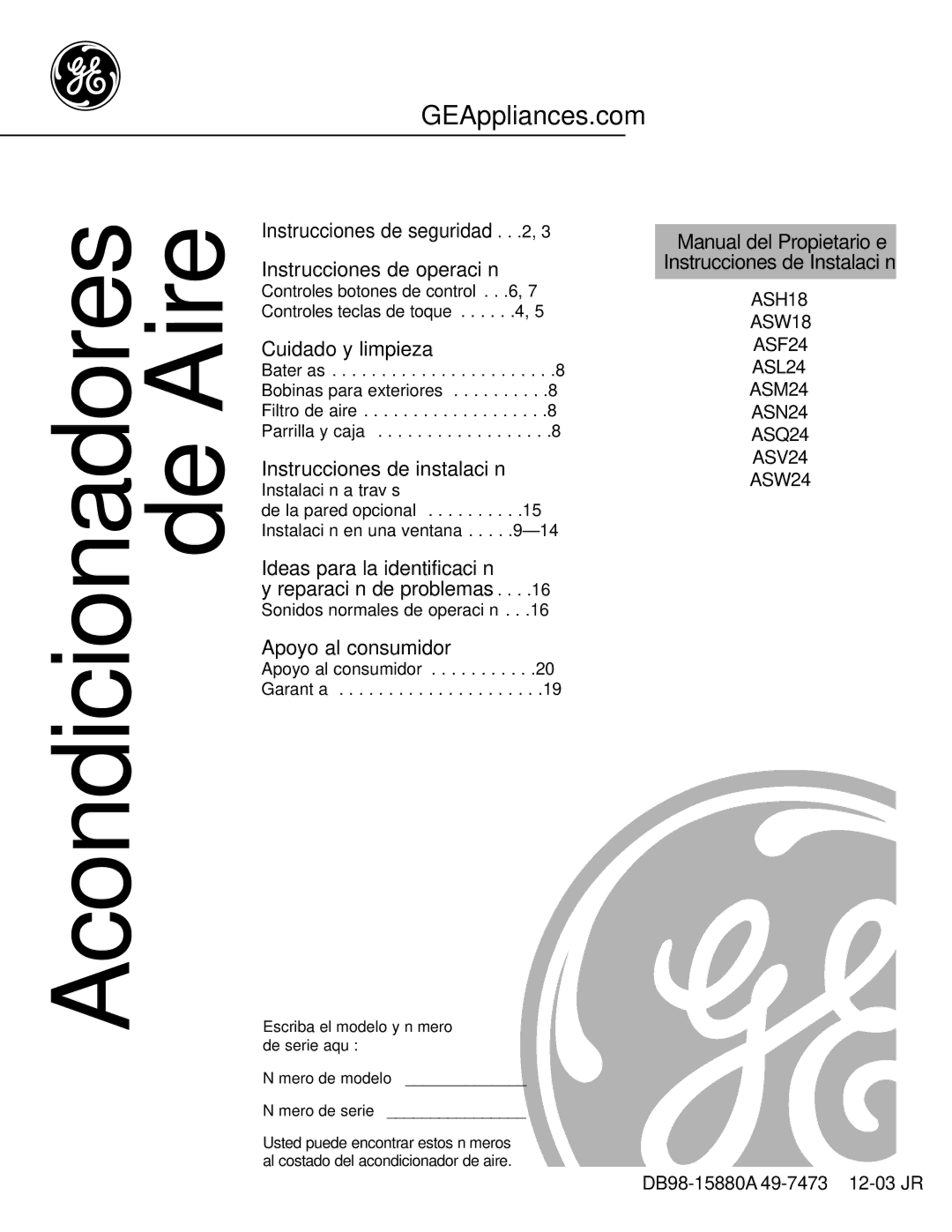 GE ASF24, ASW24, ASW18, ASV24, ASN24, ASM24, ASL24, ASQ24 installation instructions Acondicionadores de Aire 