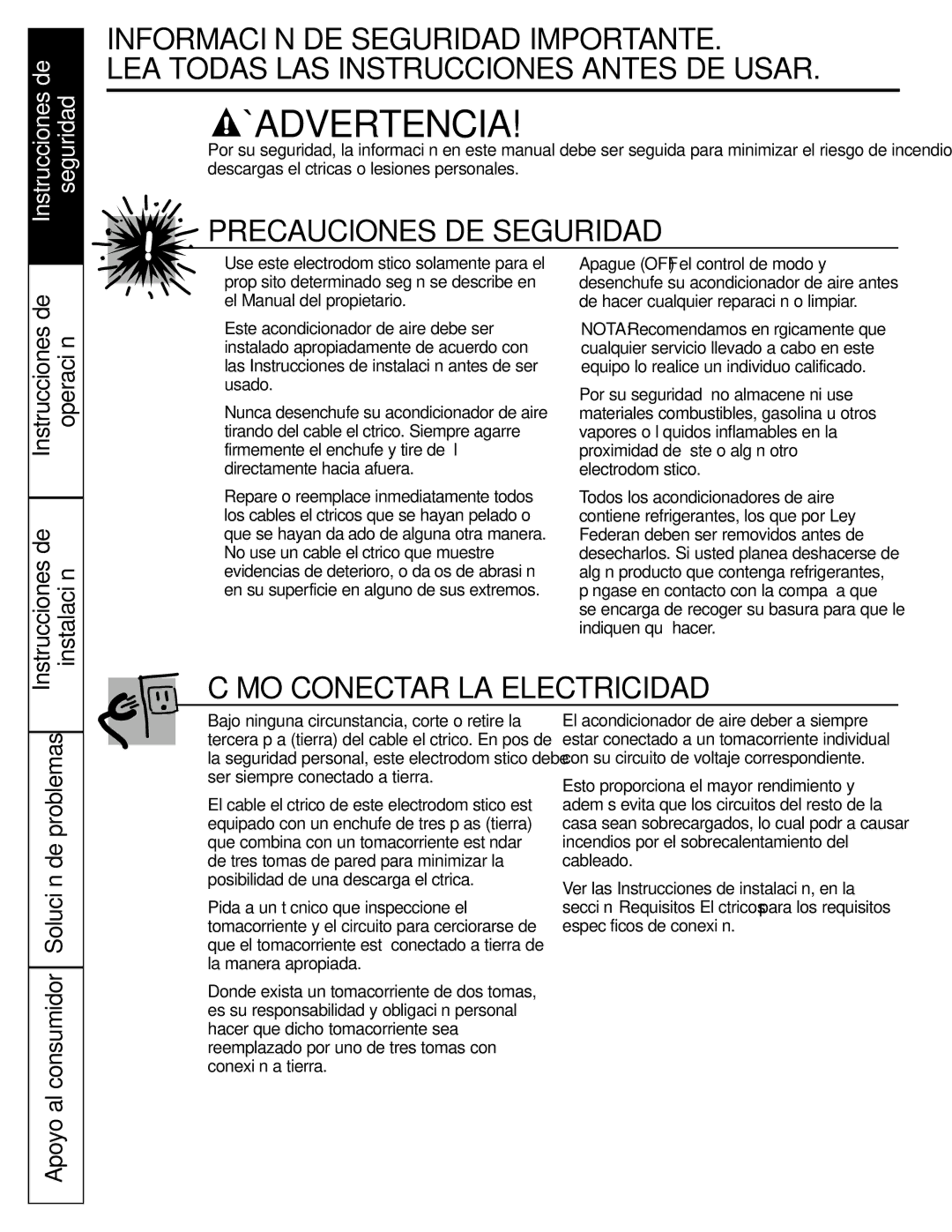 GE ASL24, ASW24, ASW18, ASV24, ASN24, ASM24, ASF24, ASQ24 installation instructions ¡Advertencia, Instrucciones de Operación 