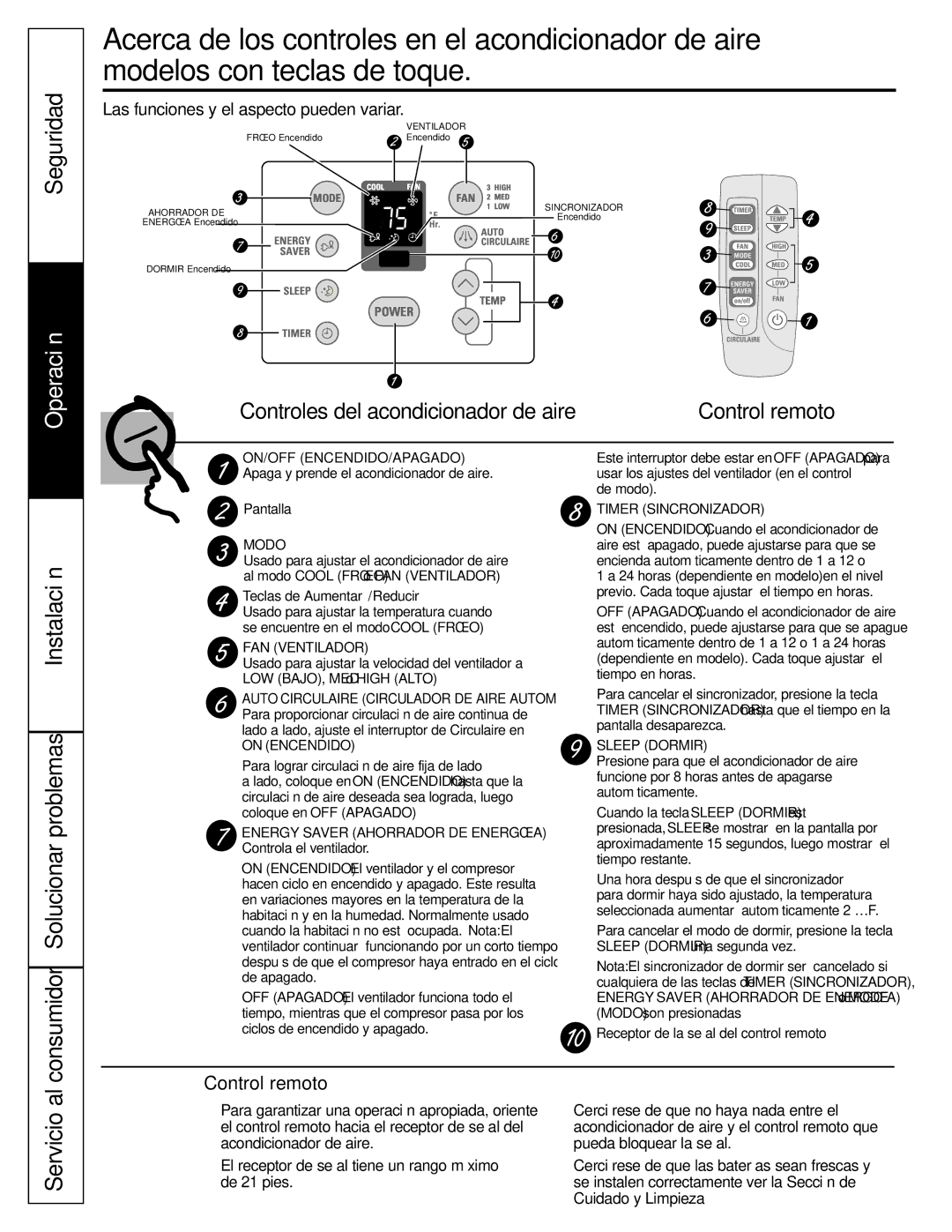 GE ASW24, ASW18, ASV24, ASN24, ASM24 Seguridad, Instalación Consumidor Solucionar problemas, Servicio al, Control remoto 