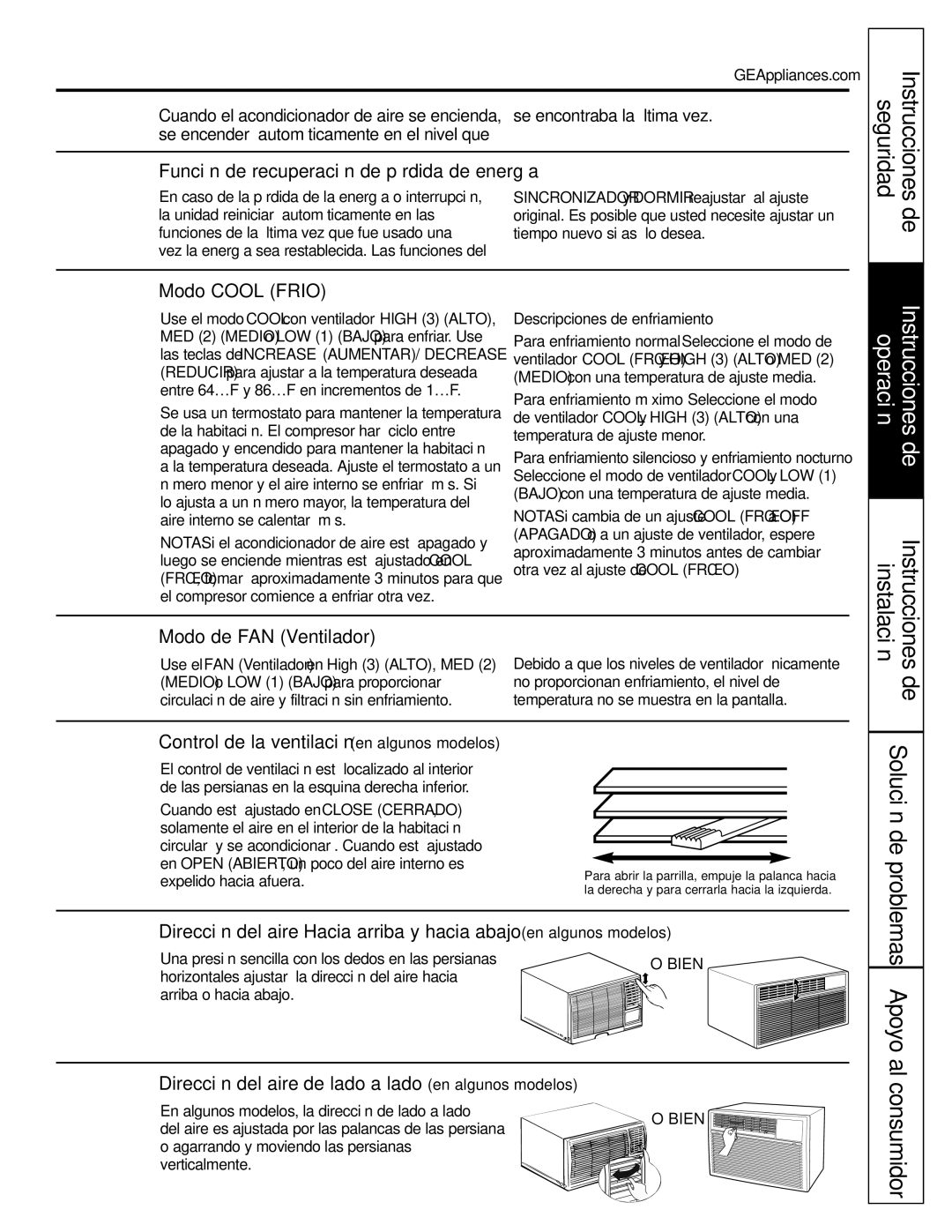 GE ASW18, ASW24, ASV24 Consumidor, Función de recuperación de pérdida de energía, Modo Cool Frio, Modo de FAN Ventilador 