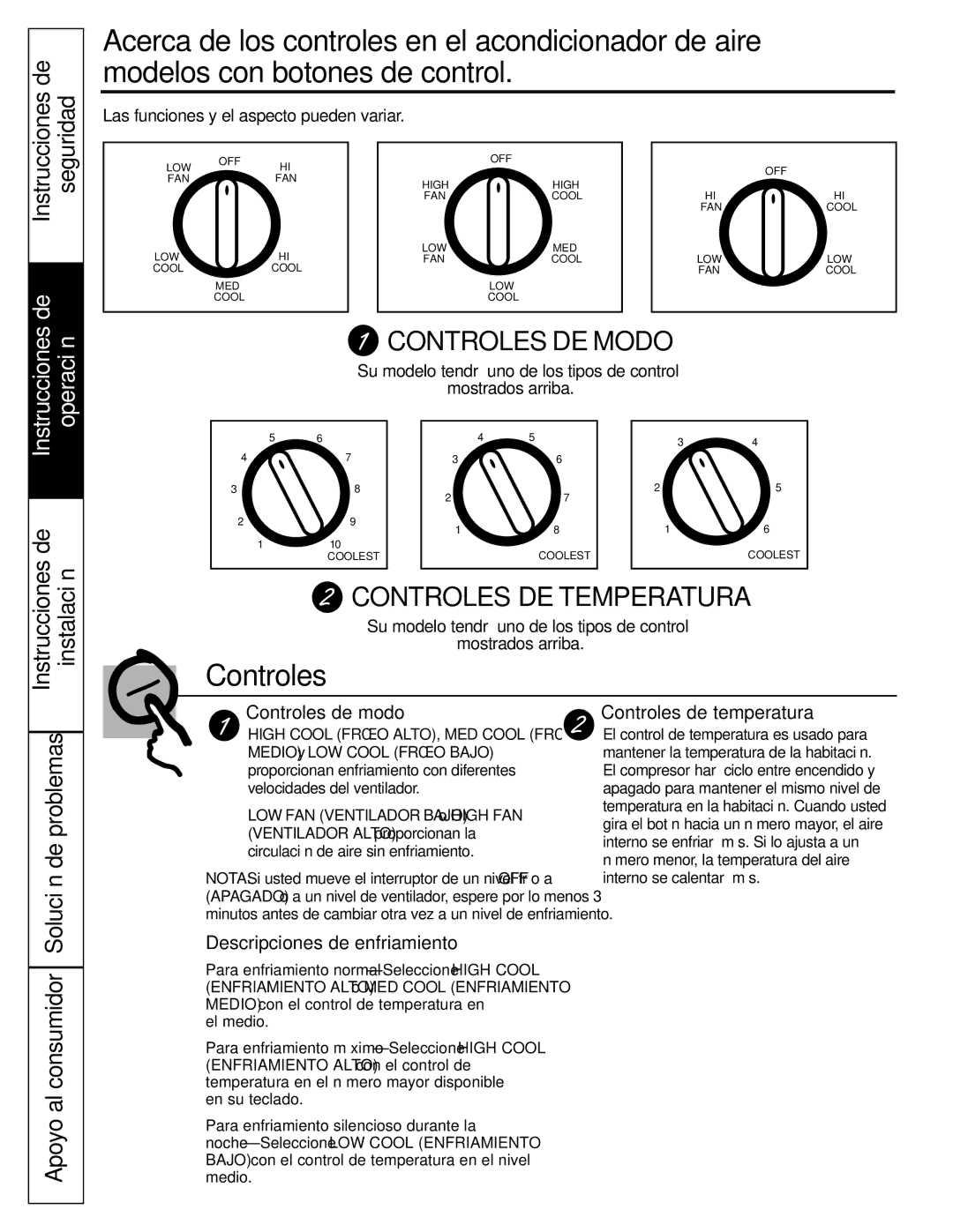 GE ASV24, ASW24, ASW18, ASN24, ASM24, ASF24, ASL24, ASQ24 Instalación, Controles de modo, Descripciones de enfriamiento 