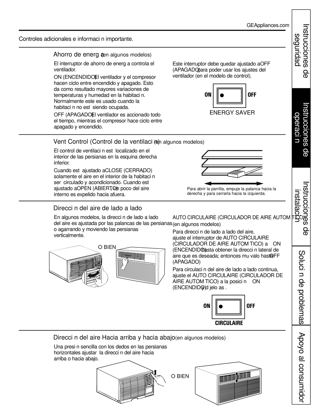 GE ASN24, ASW24, ASW18, ASV24 Solución de problemas instalación, Vent Control Control de la ventilación en algunos modelos 