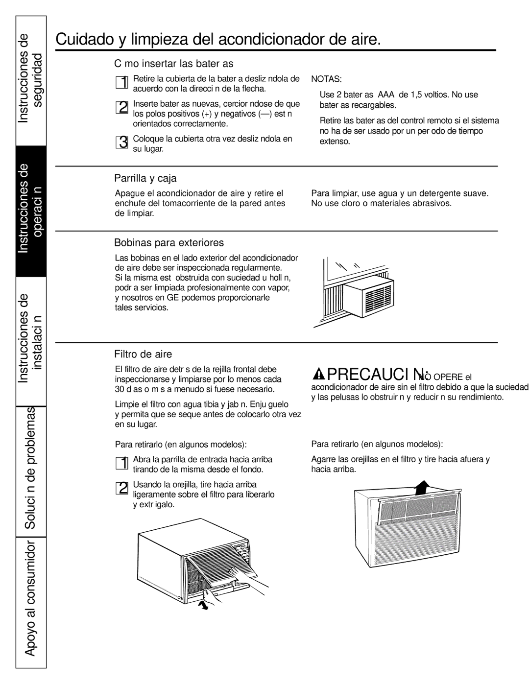 GE ASM24, ASW24 Cuidado y limpieza del acondicionador de aire, Apoyo al consumidor Solución de, Cómo insertar las baterías 