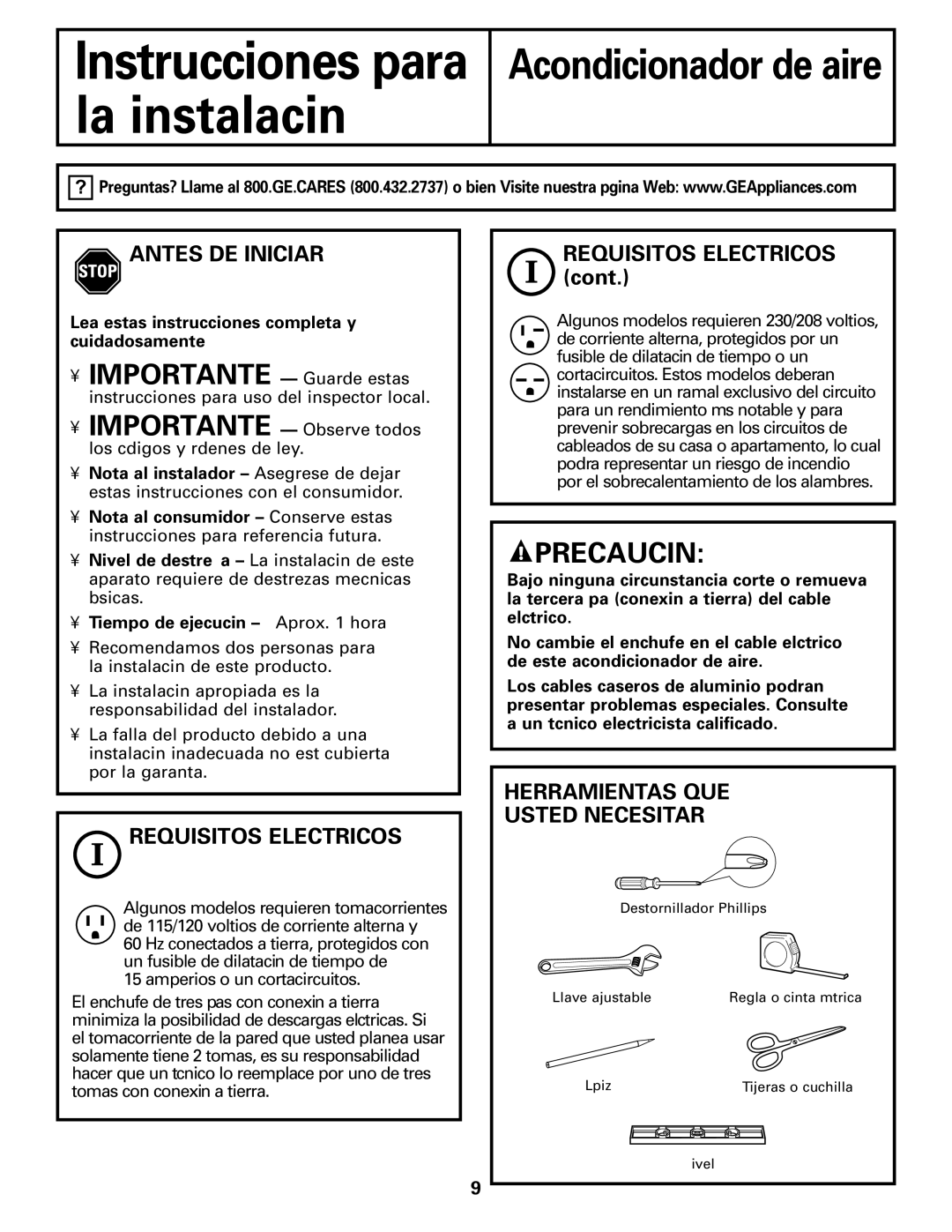 GE ASF24, ASW24, ASW18, ASV24, ASN24, ASM24, ASL24 Antes DE Iniciar, Requisitos Electricos, Herramientas QUE Usted Necesitará 