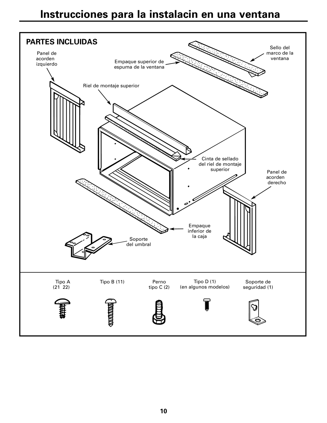 GE ASL24, ASW24, ASW18, ASV24, ASN24, ASM24, ASF24, ASQ24 Instrucciones para la instalación en una ventana, Partes Incluidas 