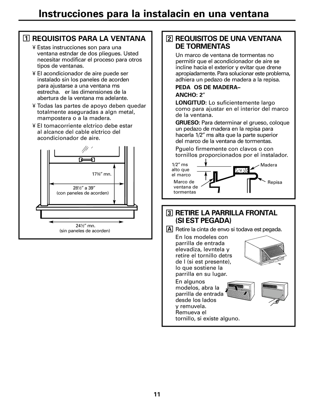 GE ASQ24 Requisitos Para LA Ventana, Requisitos DE UNA Ventana DE Tormentas, Retire LA Parrilla Frontal SI Está Pegada 