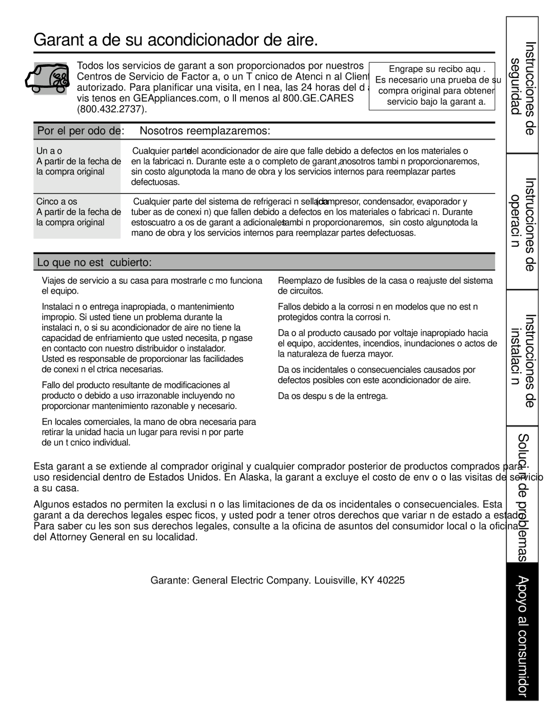 GE ASQ24, ASW24, ASW18 Garantía de su acondicionador de aire, Nosotros reemplazaremos, Lo que no está cubierto, Un año 