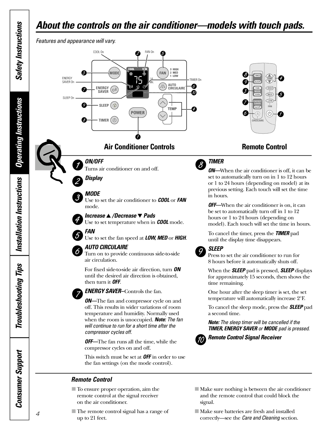 GE ASM24, ASW24, ASW18, ASV24, ASN24, ASF24, ASL24, ASQ24 installation instructions Support Troubleshooting Tips, Remote Control 