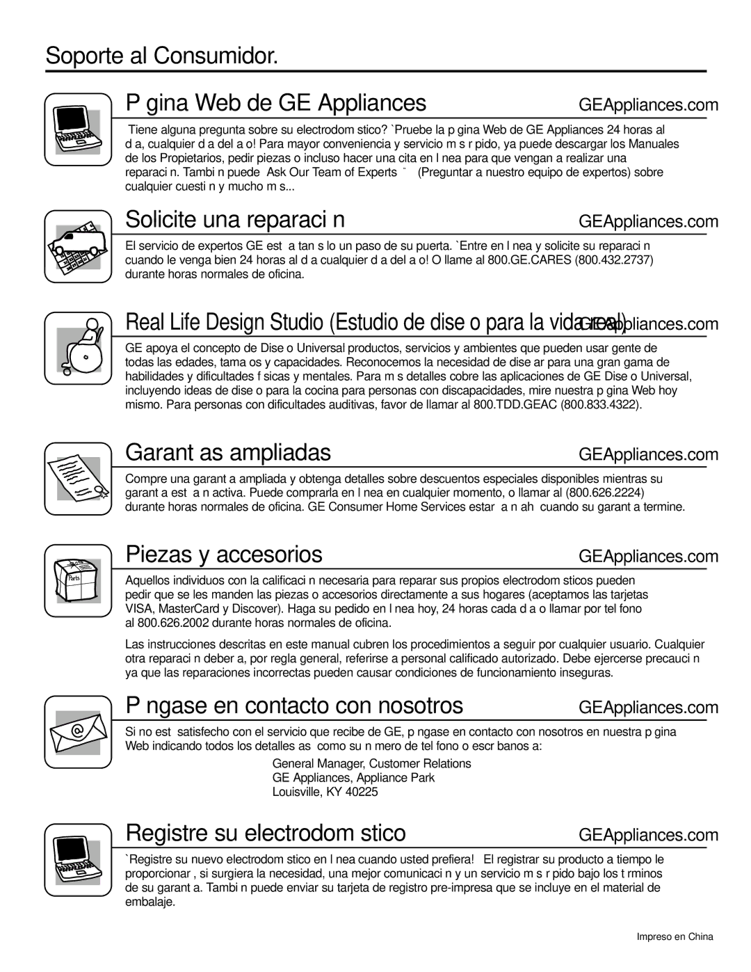 GE ASW24, ASW18, ASV24 Soporte al Consumidor Página Web de GE Appliances, Solicite una reparación, Garantías ampliadas 