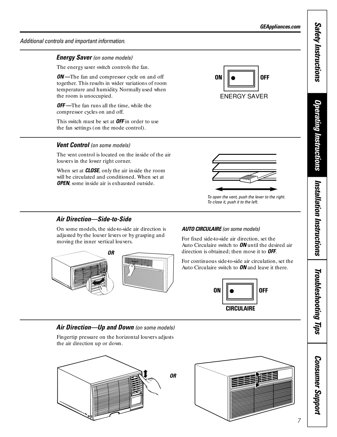 GE ASQ24, ASW24, ASW18, ASV24 Tips Consumer Support, Air Direction-Side-to-Side, Air Direction-Up and Down on some models 