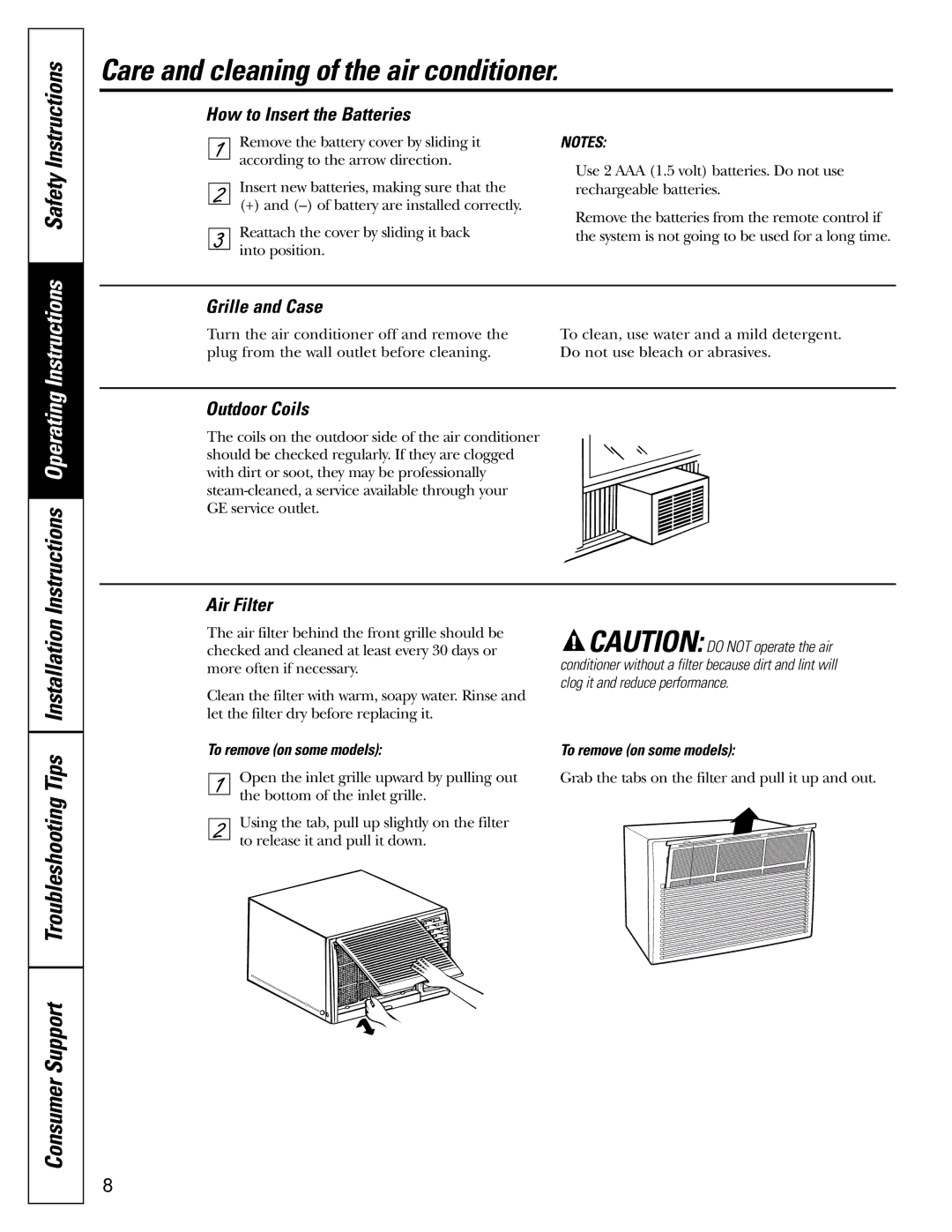 GE ASW24 Care and cleaning of the air conditioner, How to Insert the Batteries, Grille and Case, Outdoor Coils, Air Filter 