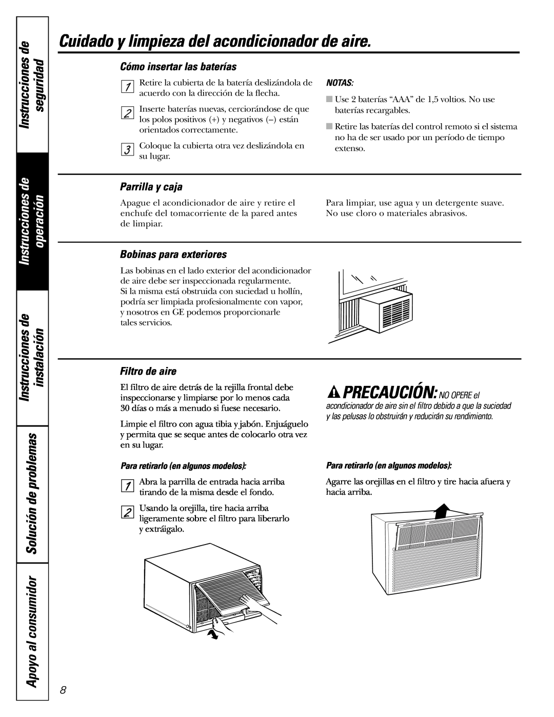 GE ASM24 Cuidado y limpieza del acondicionador de aire, Apoyo al consumidor Solución de, Cómo insertar las baterías, Notas 