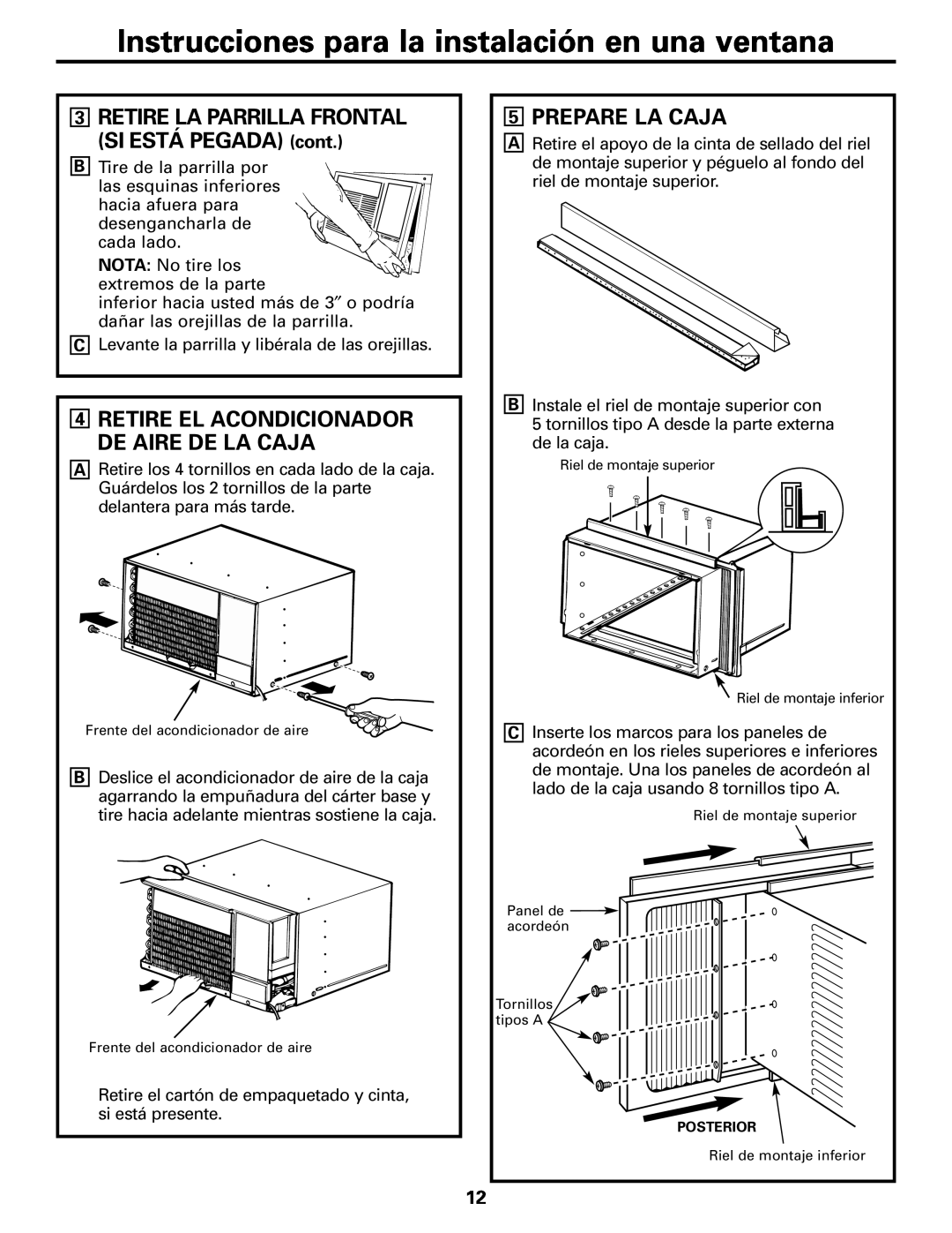 GE ASW24 Prepare La Caja, Retire El Acondicionador De Aire De La Caja, Instrucciones para la instalación en una ventana 