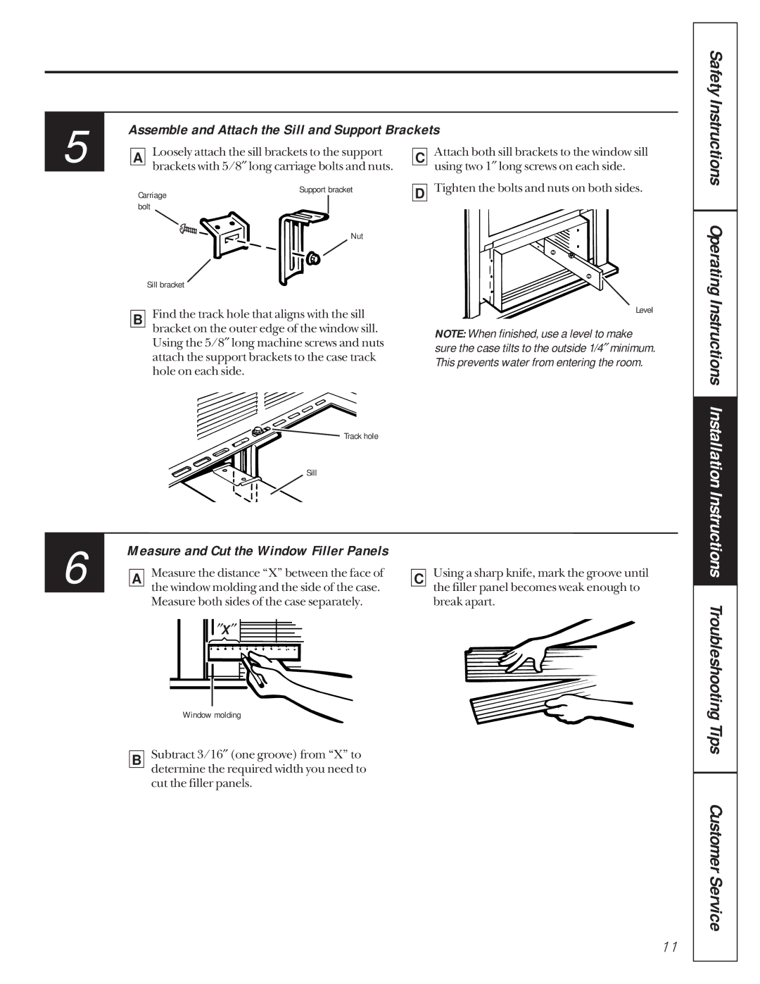 GE AVE18, AVE15, AVE22 Assemble and Attach the Sill and Support Brackets, Measure and Cut the Window Filler Panels 