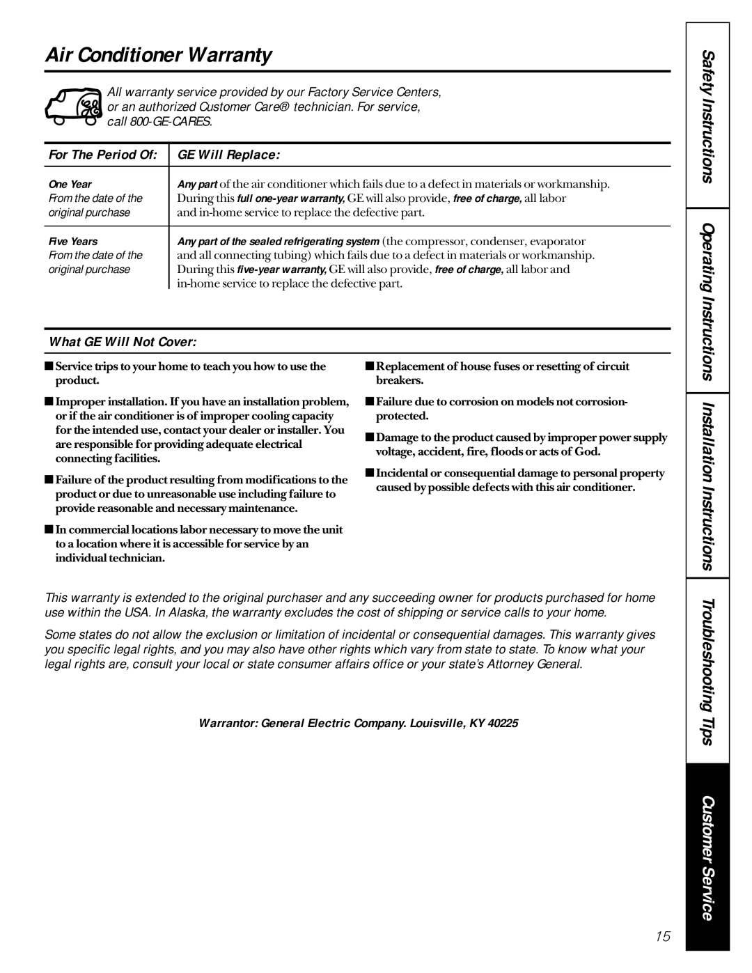 GE AVE15, AVE22, AVE18 Air Conditioner Warranty, GE Will Replace, What GE Will Not Cover, From the date, Original purchase 