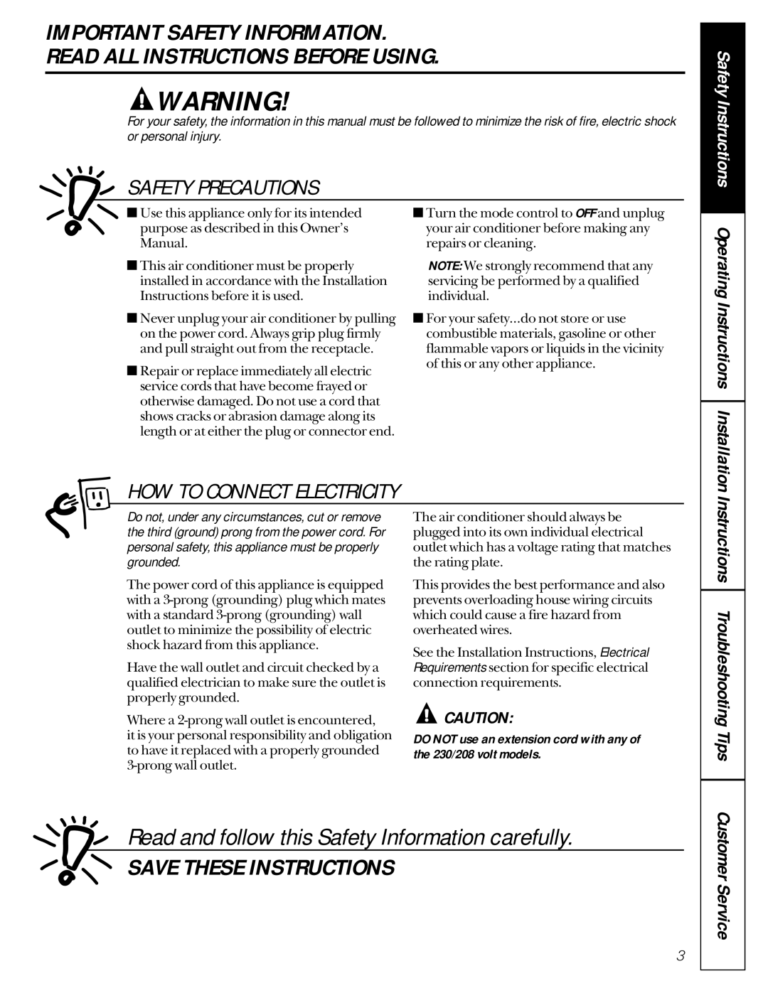 GE AVE15, AVE22, AVE18 owner manual Safety Precautions 