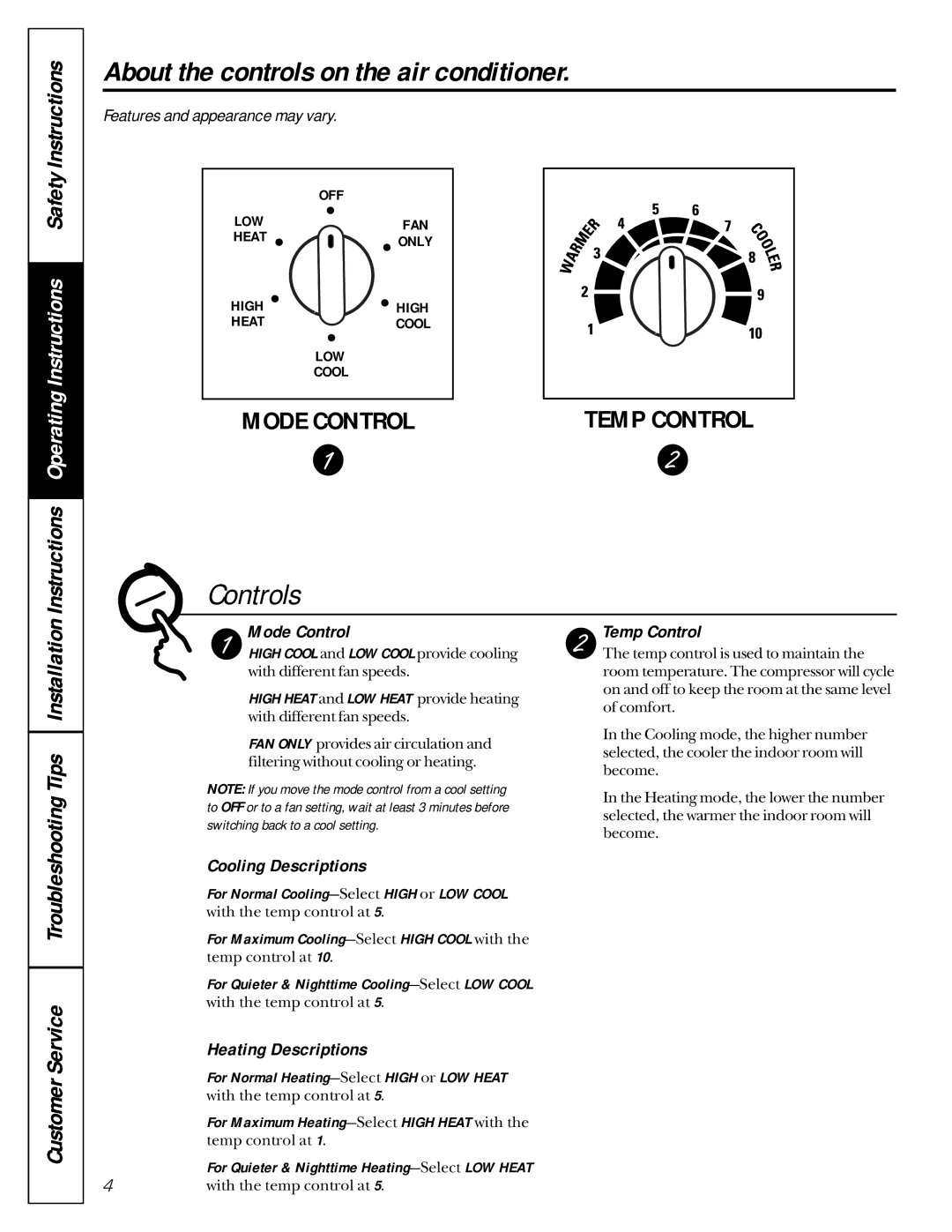GE AVE22 About the controls on the air conditioner, Mode Control, Temp Control, Cooling Descriptions, Heating Descriptions 