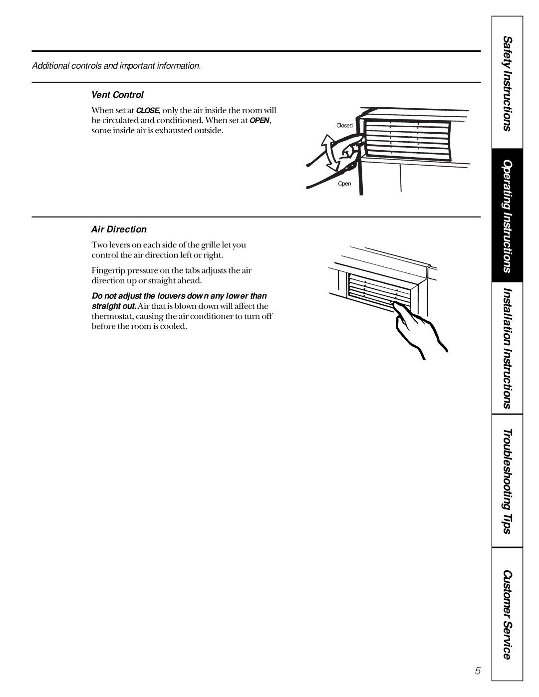 GE AVE18, AVE15, AVE22 owner manual Vent Control, Air Direction 