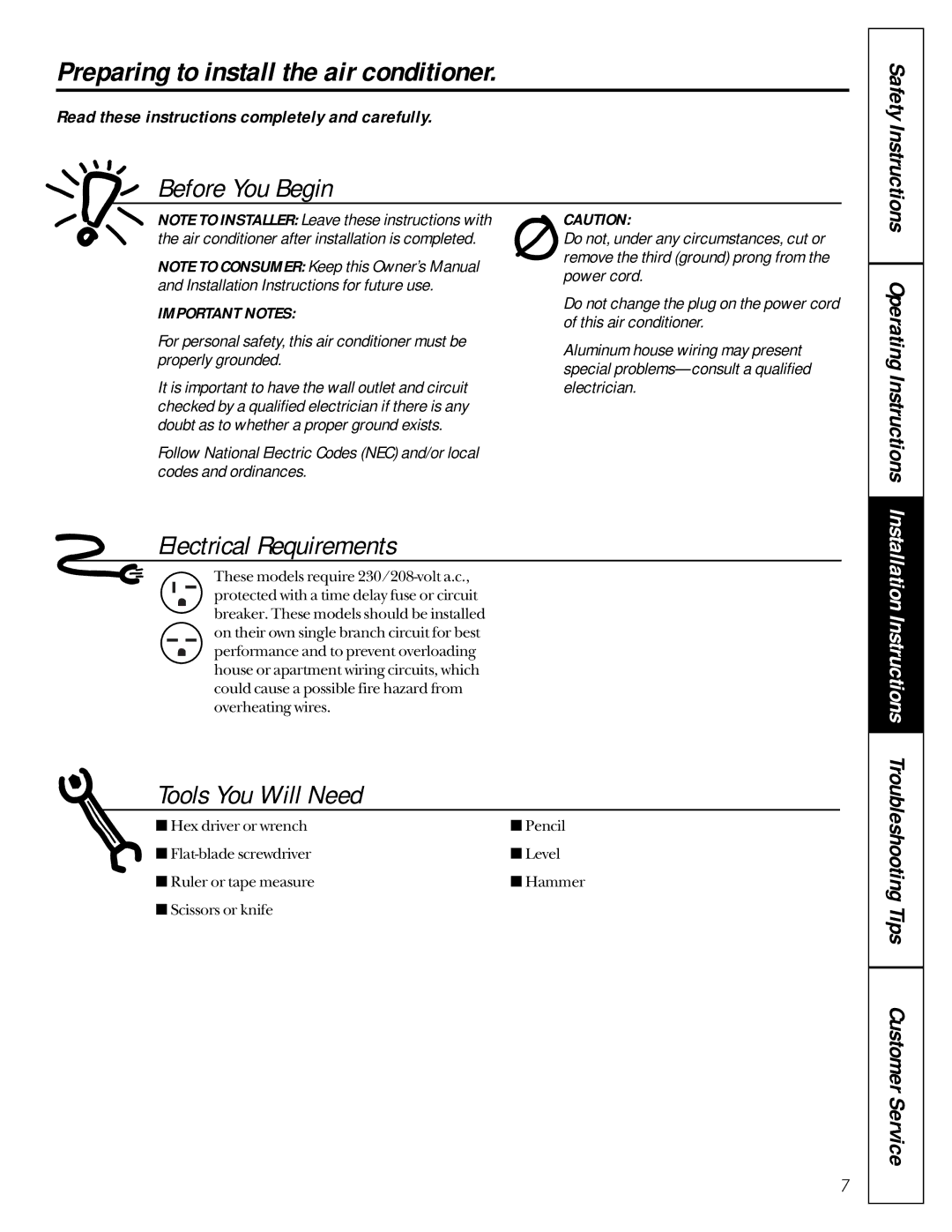 GE AVE22, AVE15, AVE18 Preparing to install the air conditioner, Read these instructions completely and carefully 