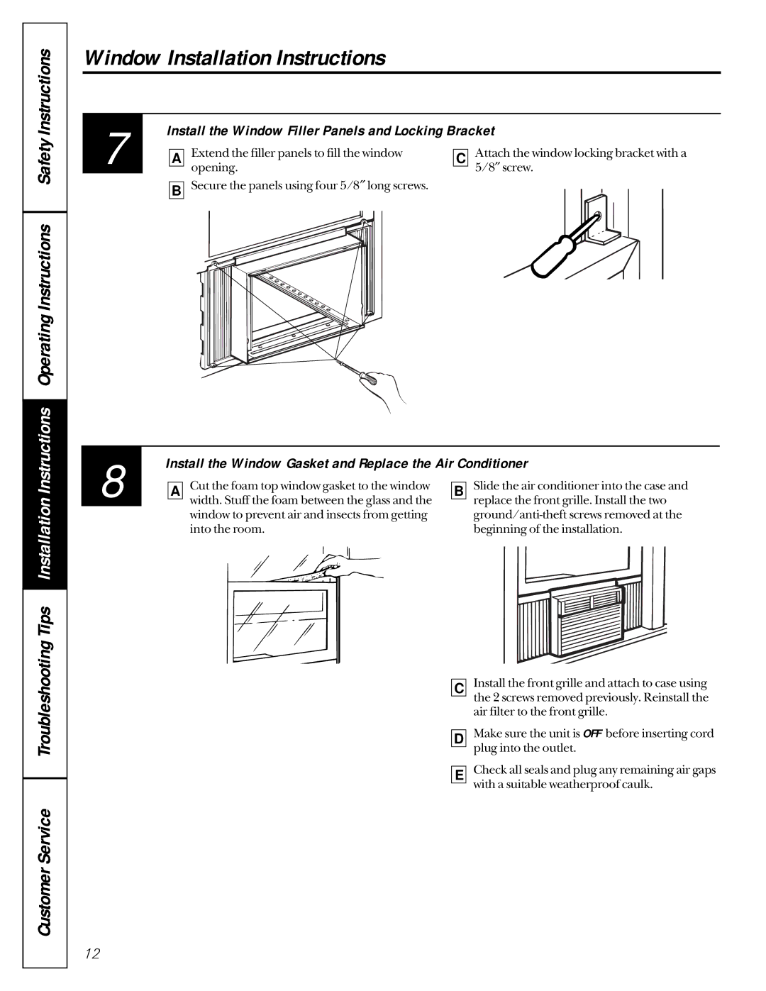 GE AVM15 Install the Window Filler Panels and Locking Bracket, Install the Window Gasket and Replace the Air Conditioner 