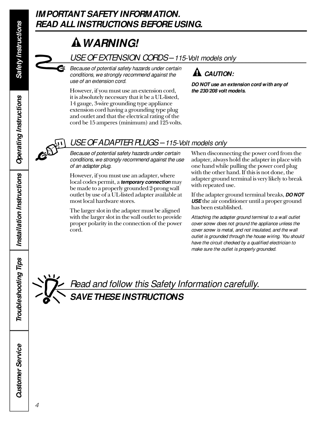 GE AVM15, AVP24, AVM22, AVM18 USE of Adapter Plugs -115-Volt models only, Read and follow this Safety Information carefully 