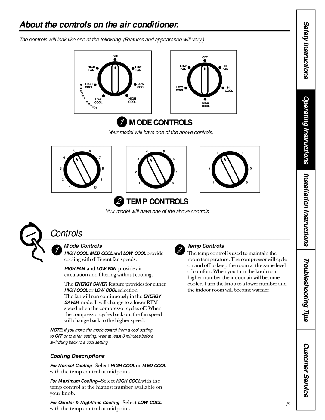 GE AVM14, AVP24, AVM22 About the controls on the air conditioner, Mode Controls, Temp Controls, Cooling Descriptions 