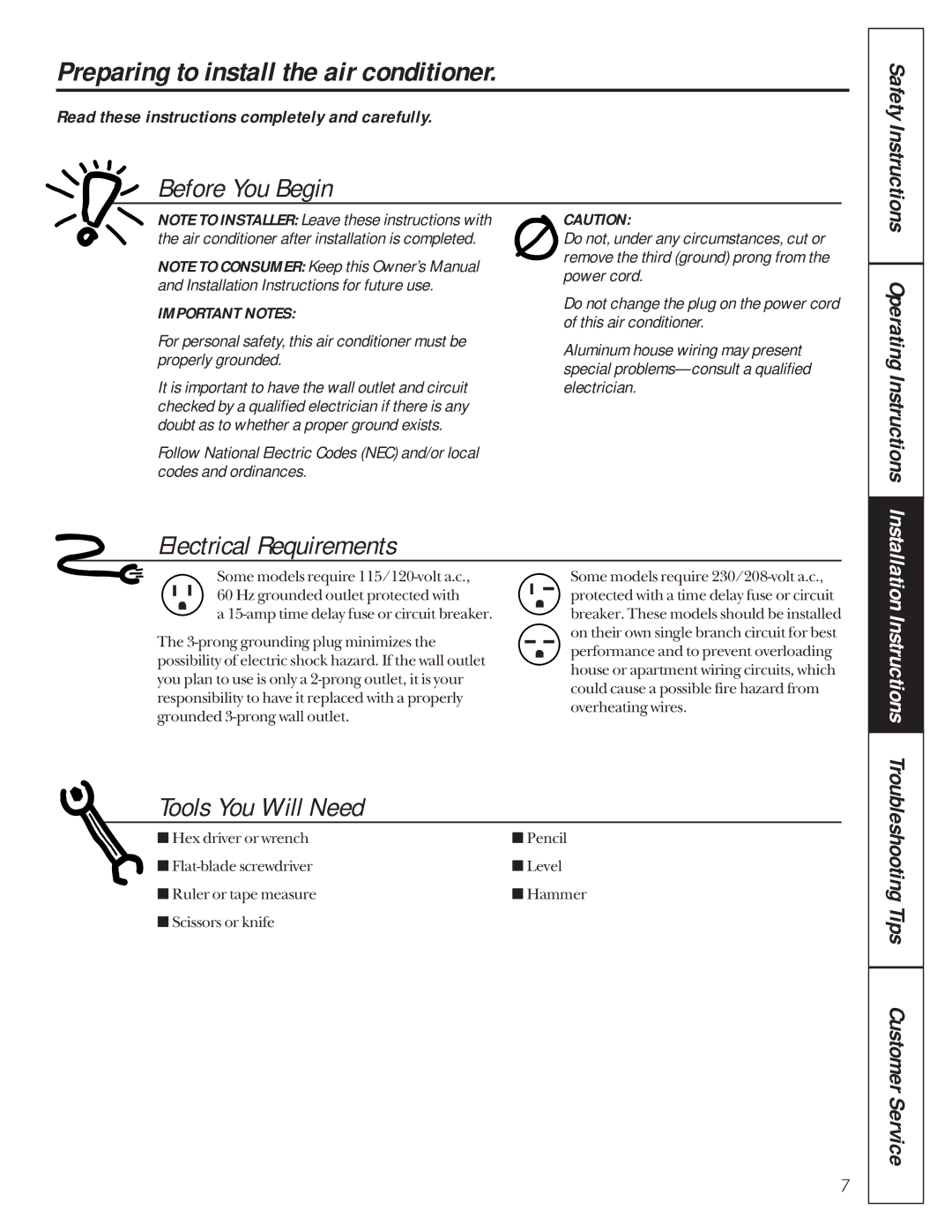 GE 23-11-2129N-002, AVP24, AVM22, AVM18 Preparing to install the air conditioner, Before You Begin, Electrical Requirements 