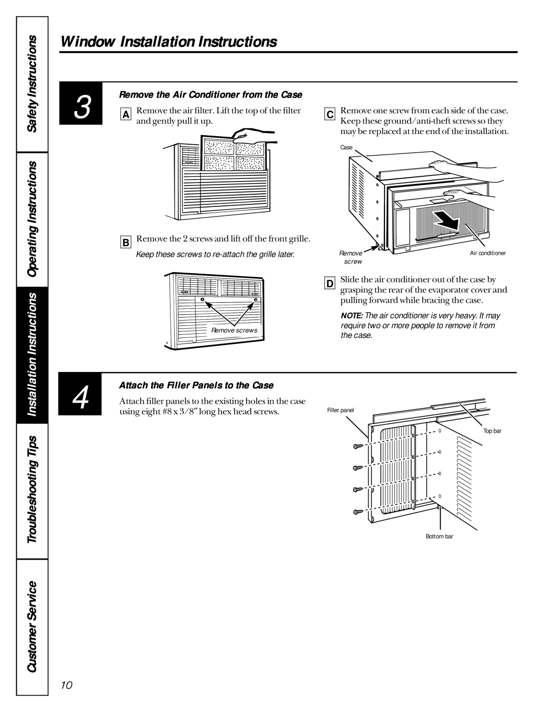 GE AVM18, AVP24, AVM22, AVN24 Window Installation Instructions, CustomerService, Remove the Air Conditioner from the Case 