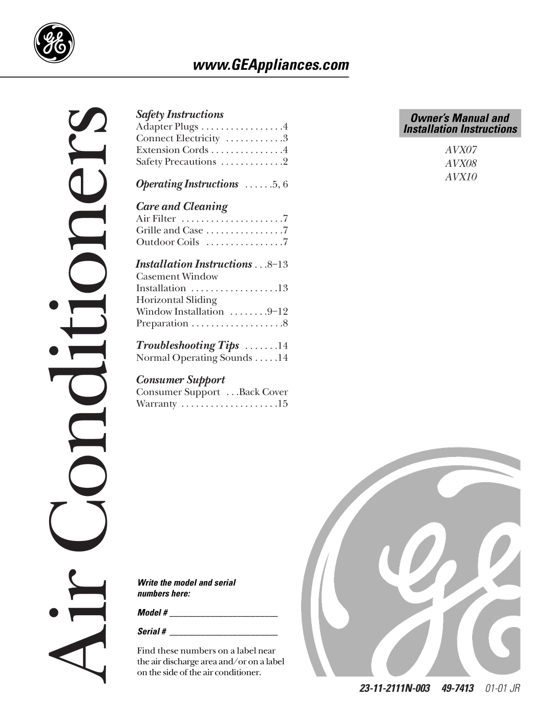 GE AVX07, AVX10, AVX08 installation instructions 23-11-2111N-003 49-7413 01-01 JR 