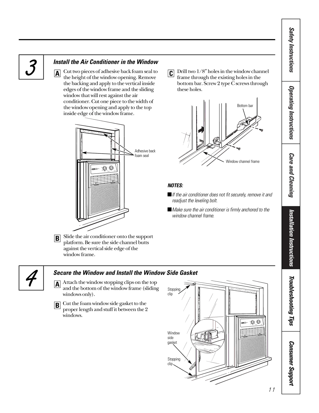 GE AVX08, AVX10, AVX07 Secure the Window and Install the Window Side Gasket, Install the Air Conditioner in the Window 