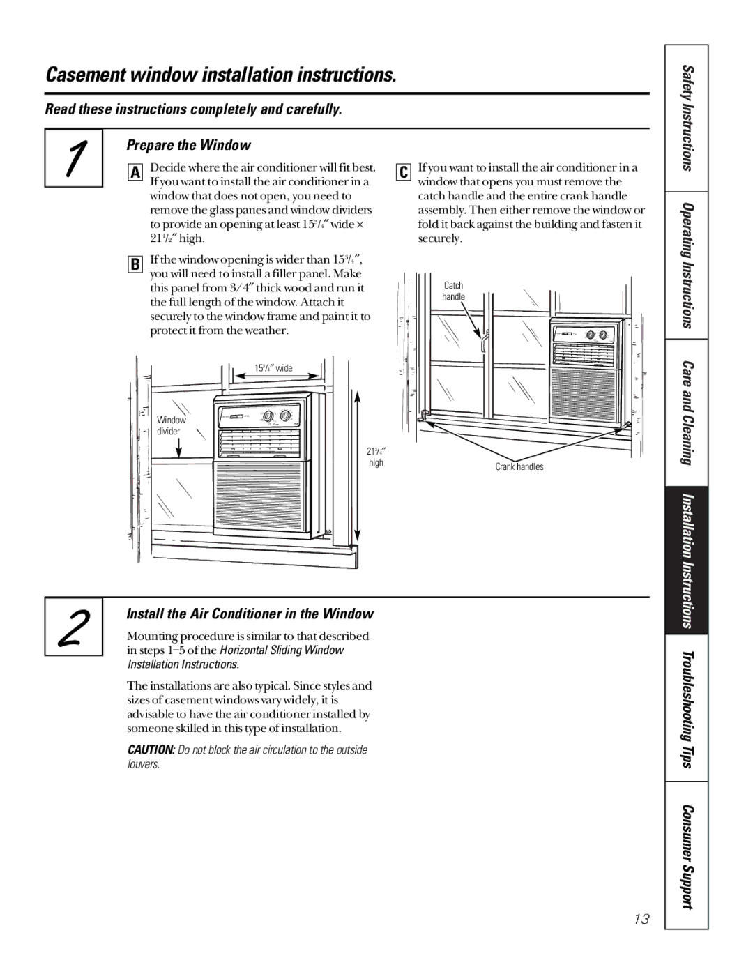 GE AVX07, AVX10, AVX08 Casement window installation instructions, Install the Air Conditioner in the Window 