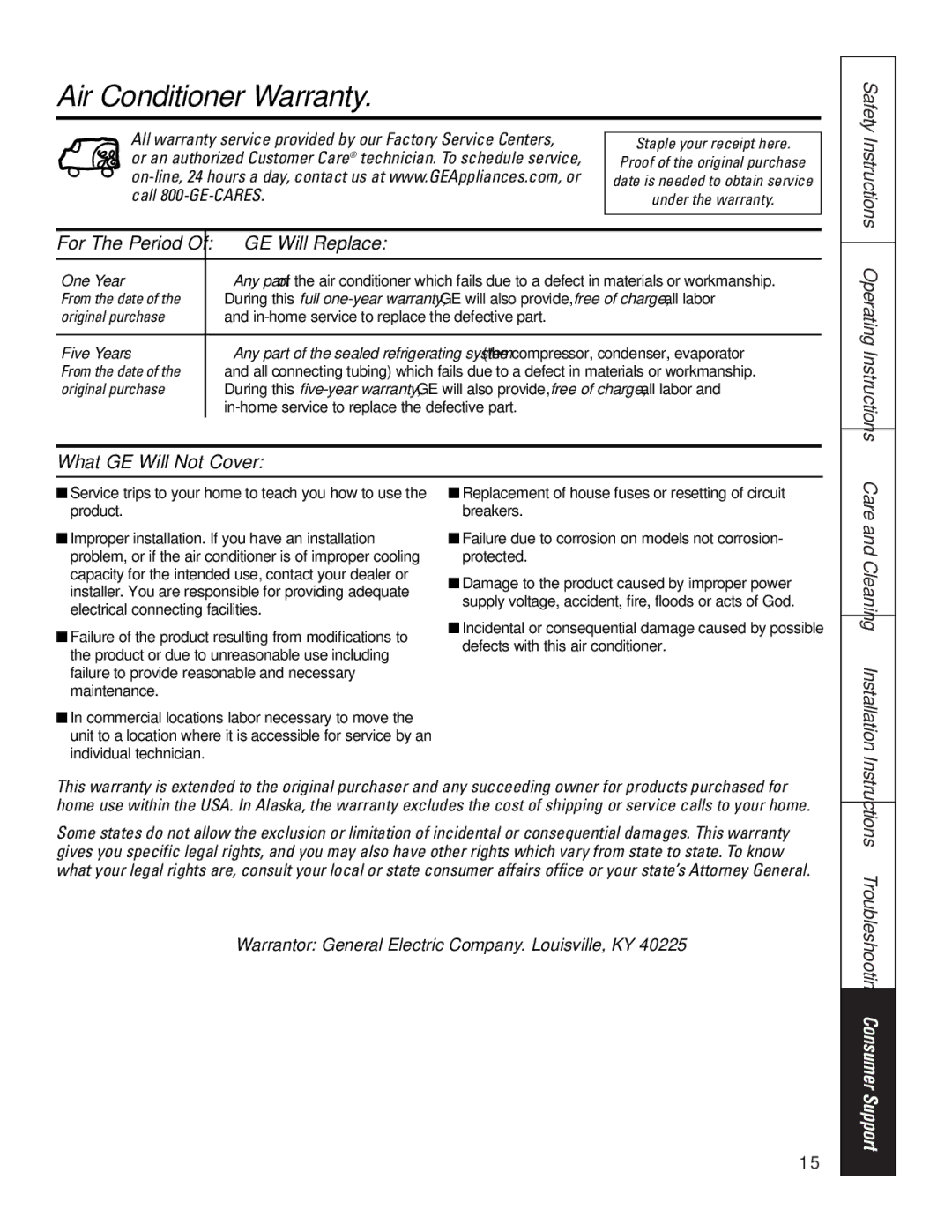 GE AVX10, AVX07, AVX08 installation instructions Air Conditioner Warranty, GE Will Replace, What GE Will Not Cover 