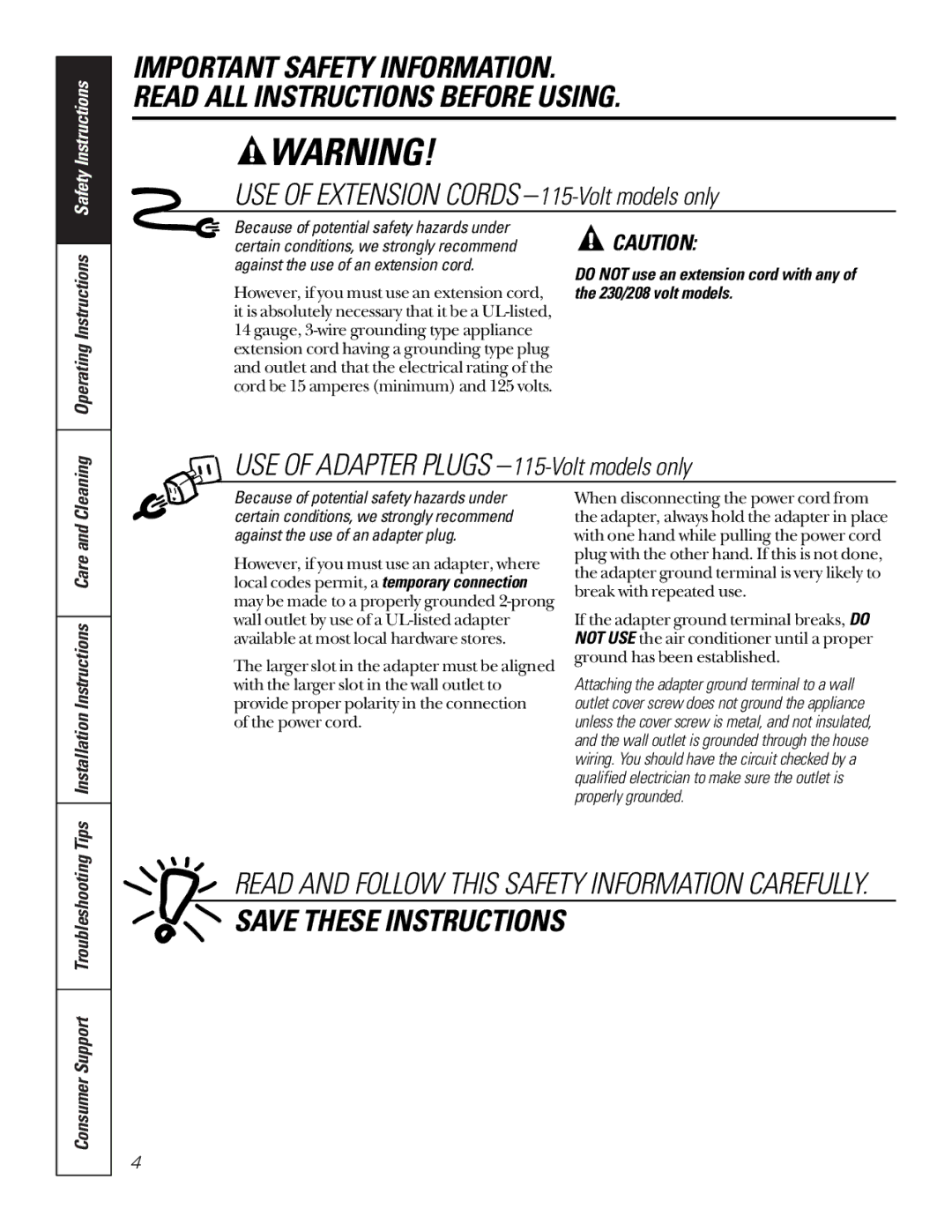 GE AVX07, AVX10 Operating Instructions, Tips Installation Instructions Care, Cleaning, Consumer Support Troubleshooting 