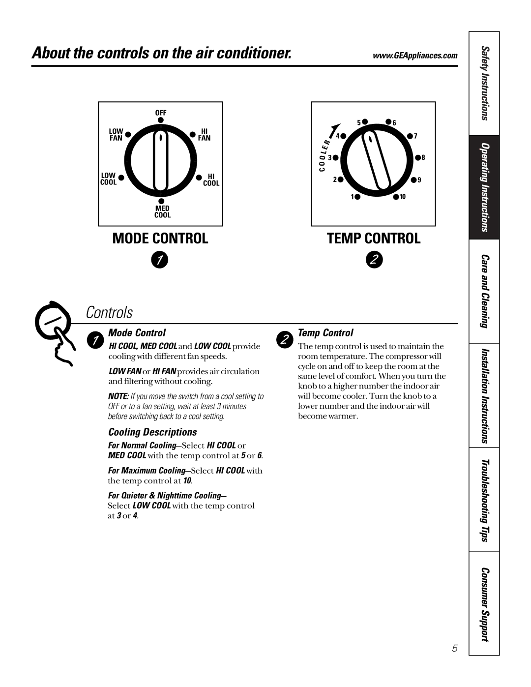 GE AVX08, AVX10, AVX07 About the controls on the air conditioner, Mode Control, Temp Control, Cooling Descriptions 