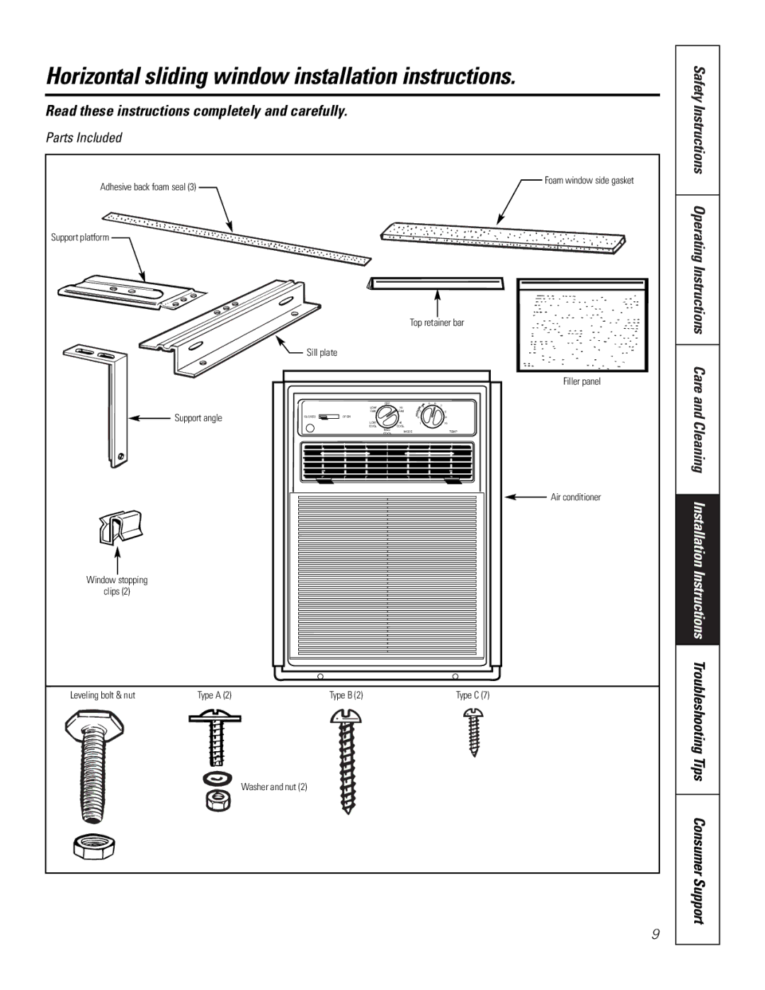 GE AVX10, AVX07, AVX08 Horizontal sliding window installation instructions, Operating Instructions Care and Cleaning 