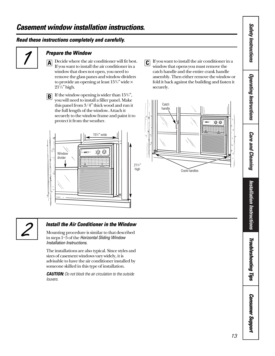 GE AVX07 Casement window installation instructions, Safety, Prepare the Window, Install the Air Conditioner in the Window 