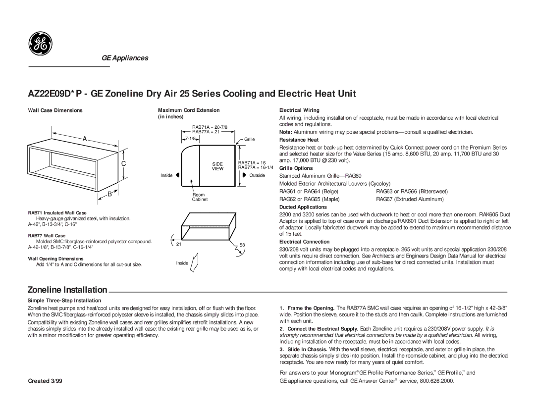 GE AZ22E09D*P dimensions Zoneline Installation 