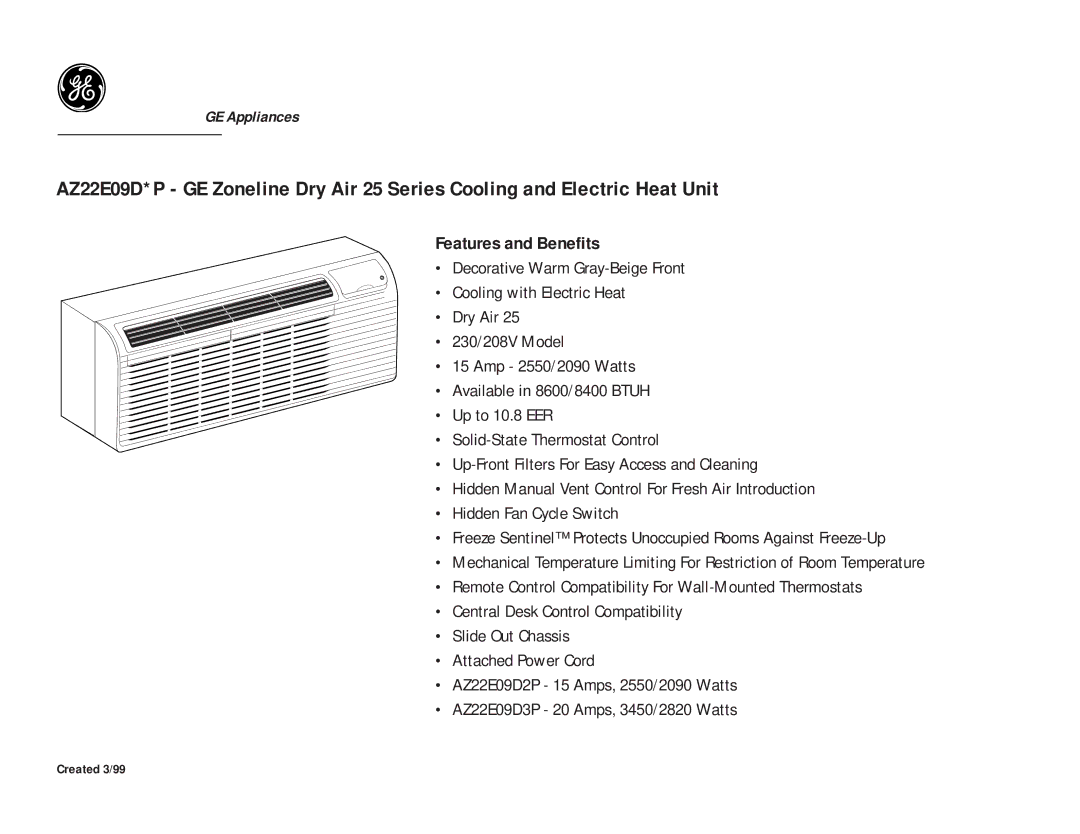 GE AZ22E09D*P dimensions Features and Benefits 