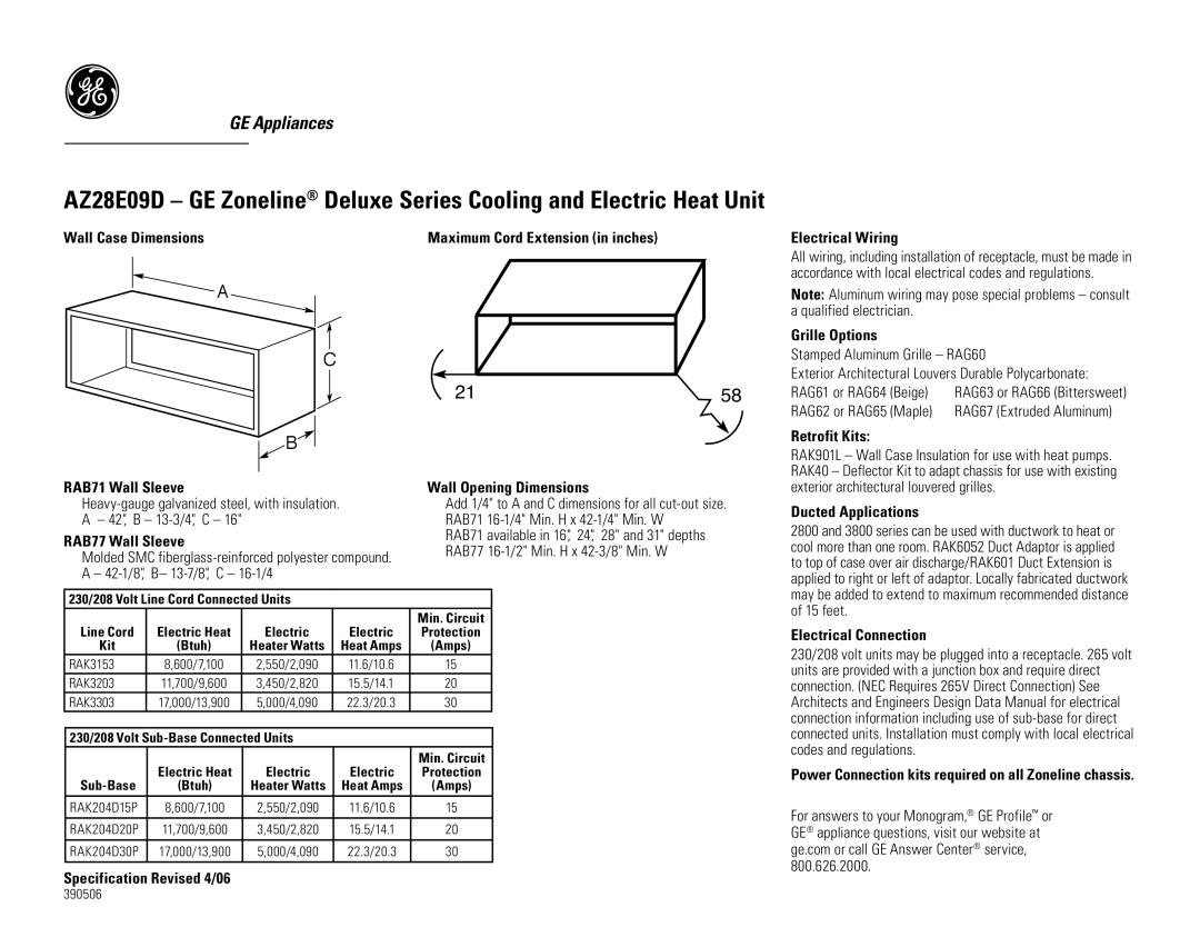 GE AZ28E09DAC dimensions Wall Case Dimensions, Electrical Wiring, Grille Options, Retrofit Kits, RAB71 Wall Sleeve 