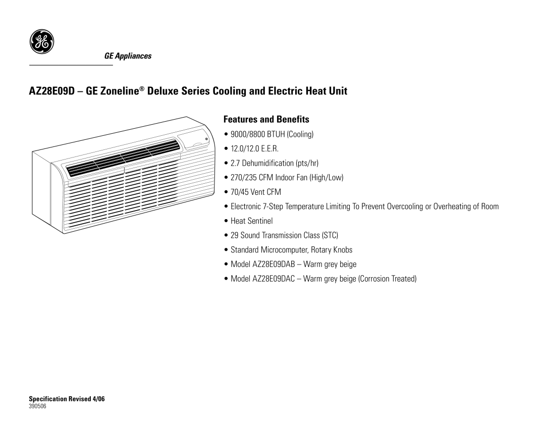 GE AZ28E09DAB, AZ28E09DAC dimensions Features and Benefits 