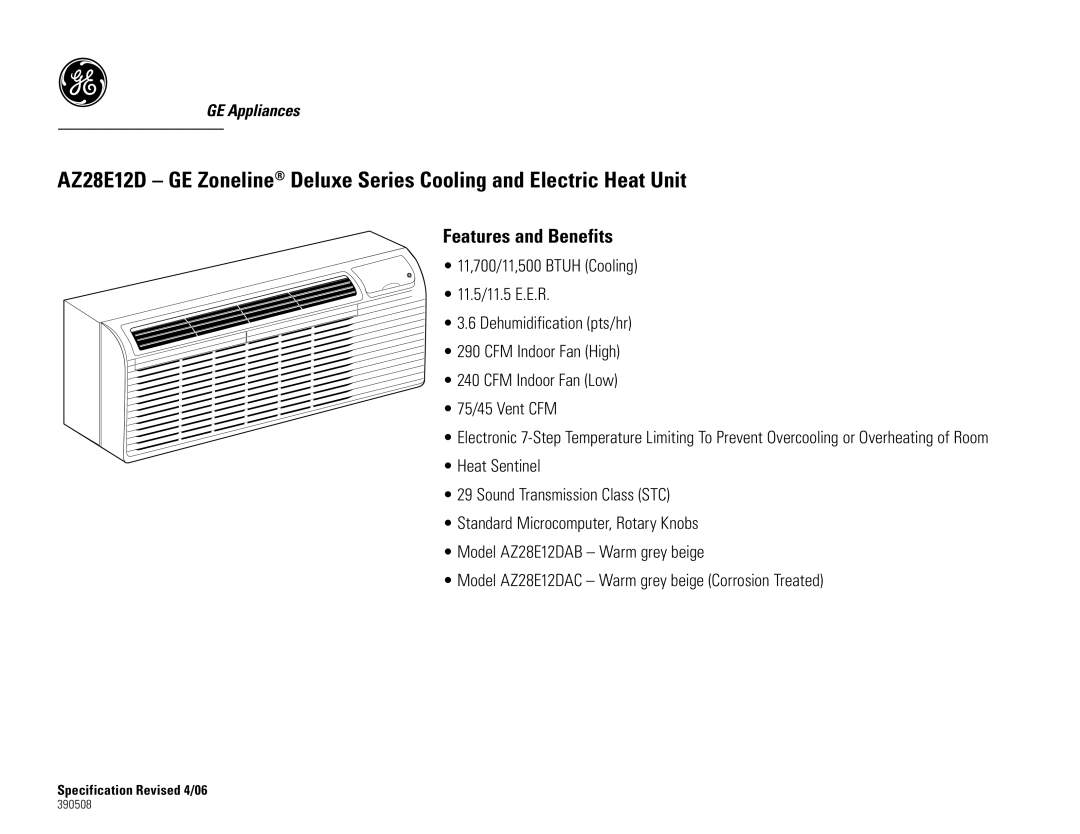 GE AZ28E12DAC, AZ28E12DAB dimensions Features and Benefits 