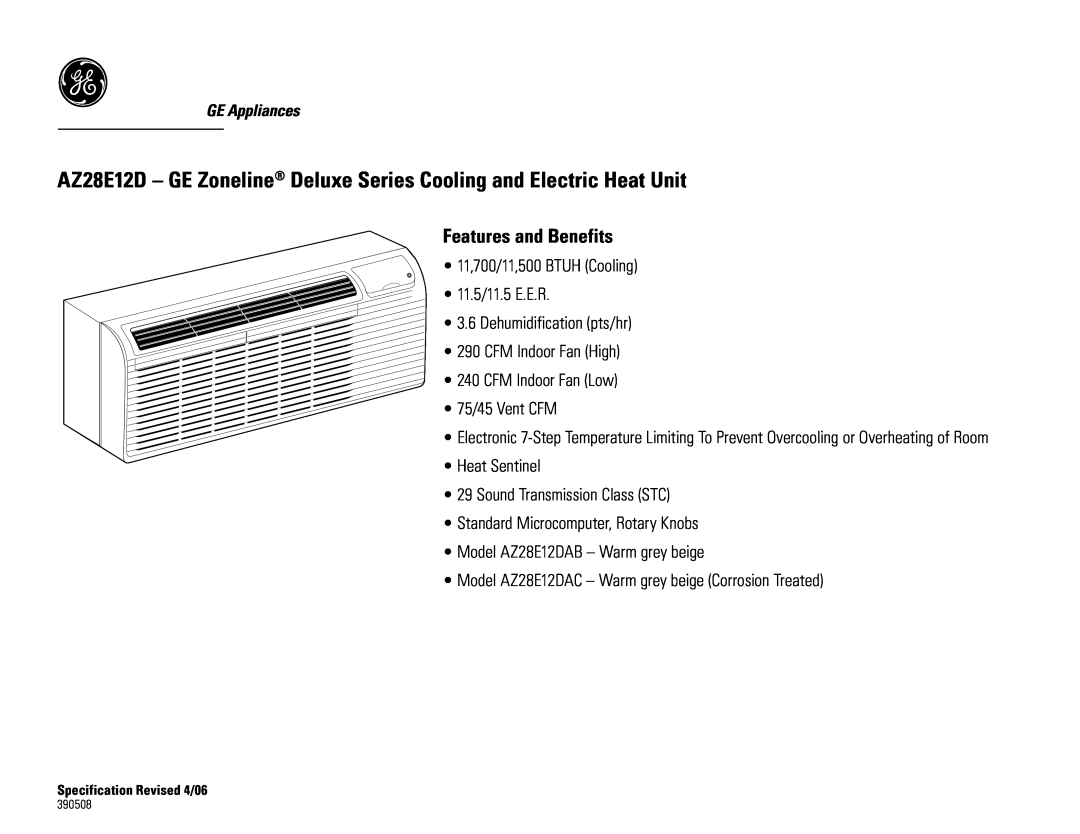 GE AZ28E12DAC, AZ28E12DAB dimensions Features and Benefits 