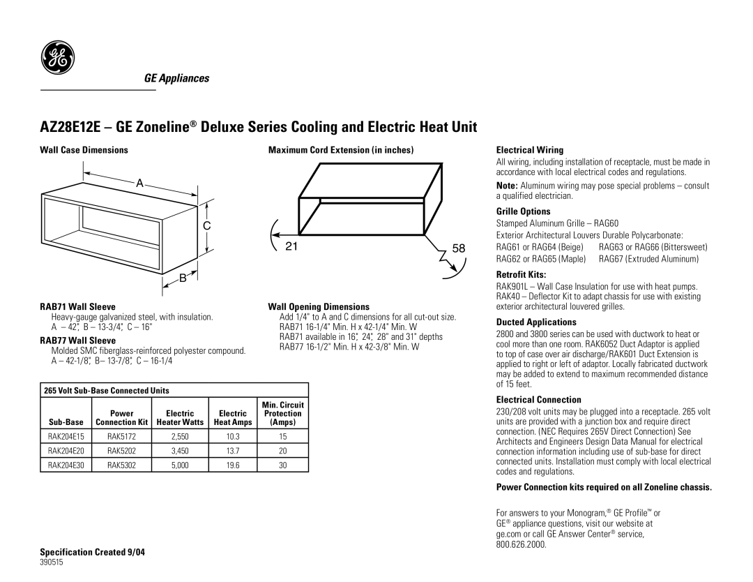 GE AZ28E12E dimensions Wall Case Dimensions, Electrical Wiring, RAB71 Wall Sleeve, RAB77 Wall Sleeve, Grille Options 