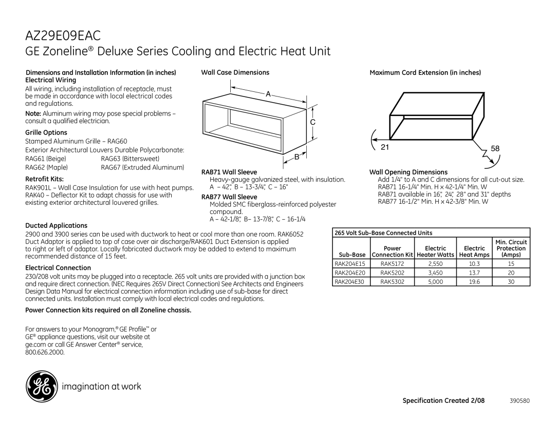 GE AZ29E09EAC dimensions GE Zoneline Deluxe Series Cooling and Electric Heat Unit 