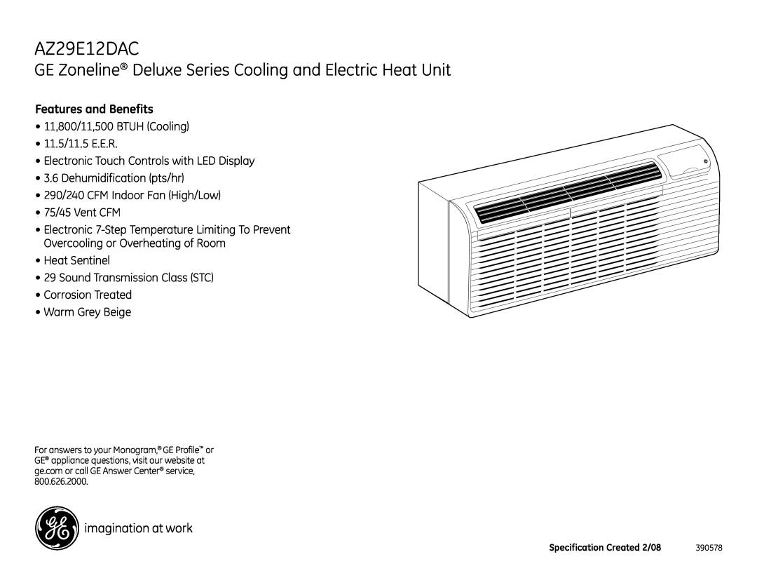 GE AZ29E12DAC dimensions GE Zoneline Deluxe Series Cooling and Electric Heat Unit, Features and Benefits 