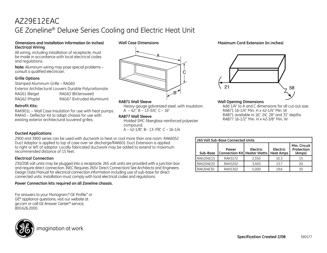 GE AZ29E12EAC dimensions GE Zoneline Deluxe Series Cooling and Electric Heat Unit 